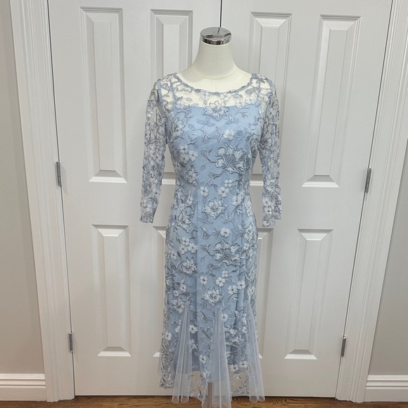 Alex Evenings Blue MOB Wedding Guest Embroidered Sequin Lace Midi Dress Size 8P - Picture 1 of 13